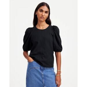 Madewell Puff-Sleeve Tee XS Black Crew Neck Cotton Relaxed Pullover Ruffle Trim
